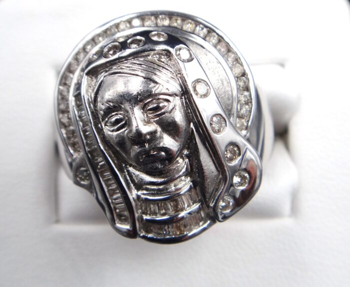 14K White Gold Channel Set Virgin Mary Diamond Ring - Image 2