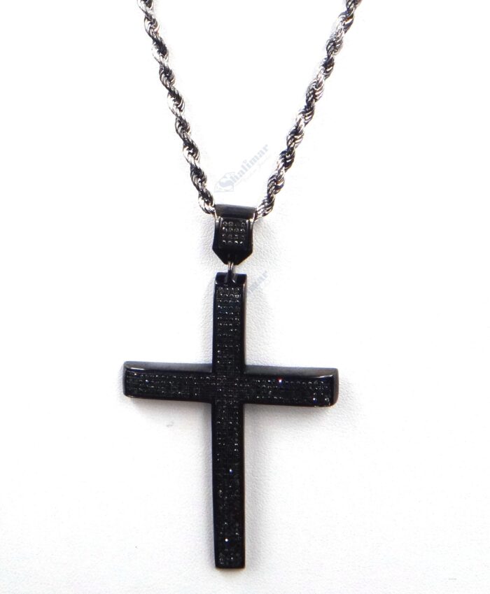 10K White Gold Cross Pendant with Black Pave Diamonds