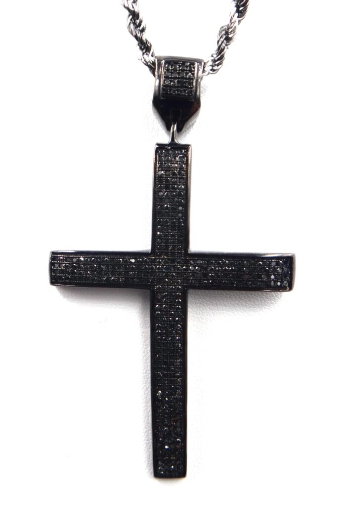 10K White Gold Cross Pendant with Black Pave Diamonds - Image 2
