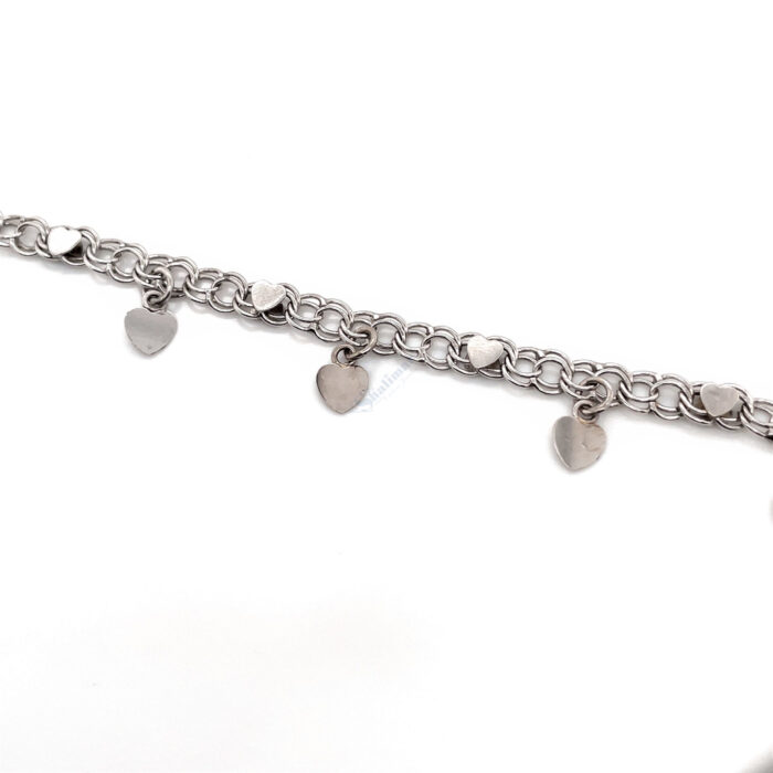 14K White Gold High Polish Dangling Heart Charm Bracelet
