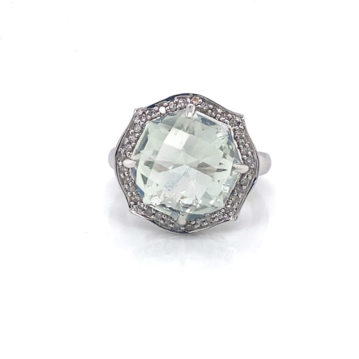 14K White Gold Green Amethyst & Diamond Ring