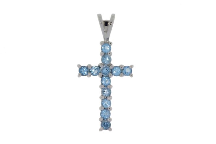 10K White Gold Blue Topaz Cross Pendant