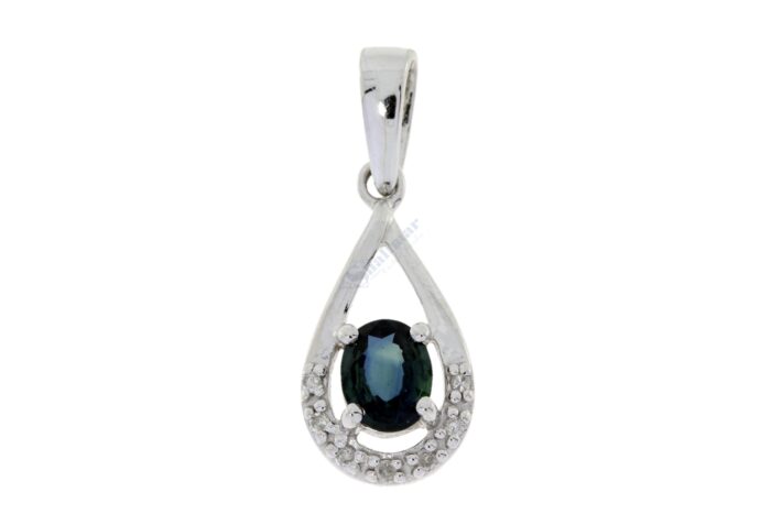 10K White Gold Sapphire & Diamond Teardrop Pendant