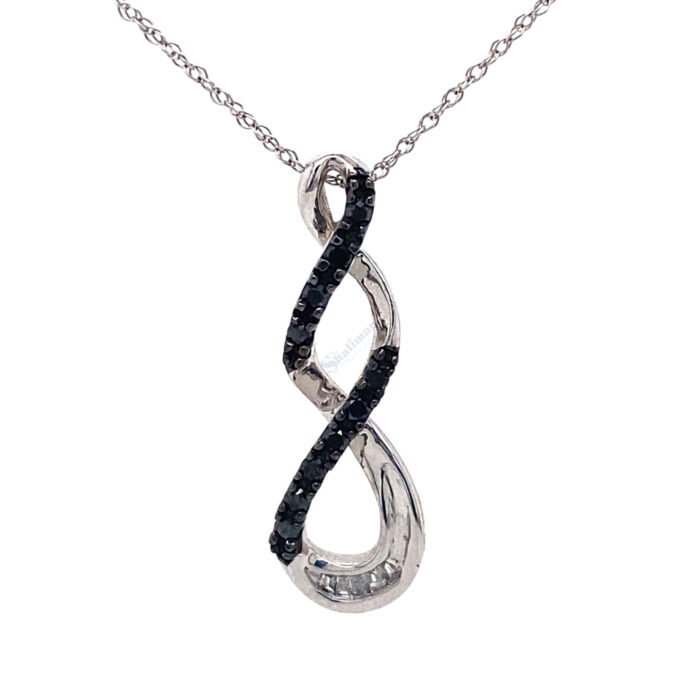 10K White Gold Black & White Diamond Twisted Ribbon Pendant with Chain