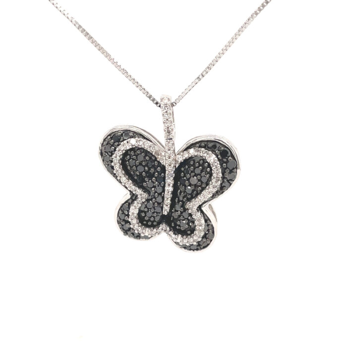 14K White Gold Black & White Diamond Butterfly Pendant with Chain