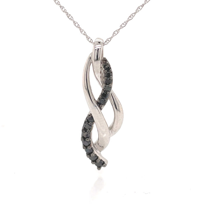 10K White Gold Black & White Diamond Twisted Ribbon Pendant with Chain