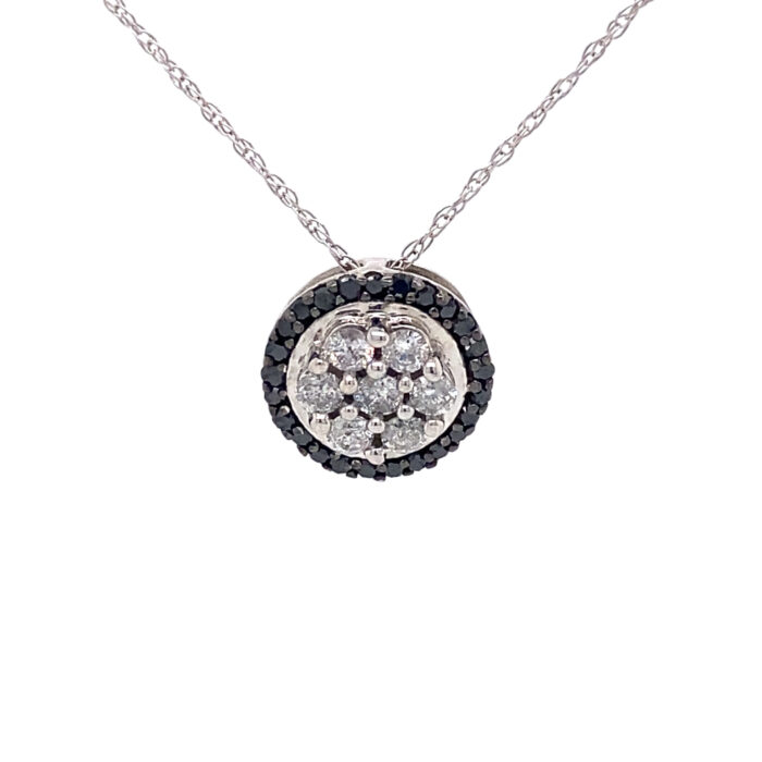 10K White Gold Black & White Diamond Halo Circle Pendant with Chain