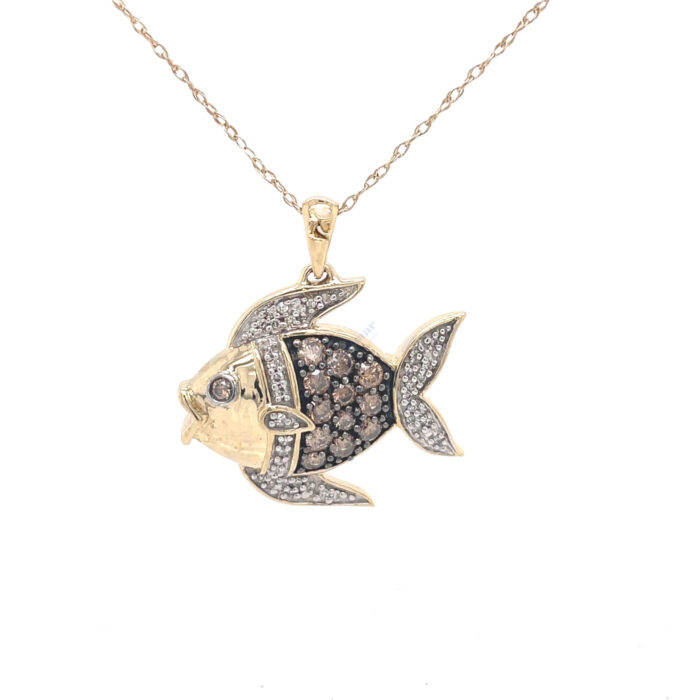 10K Yellow Gold Chocolate & White Diamond Fish Pendant with Chain