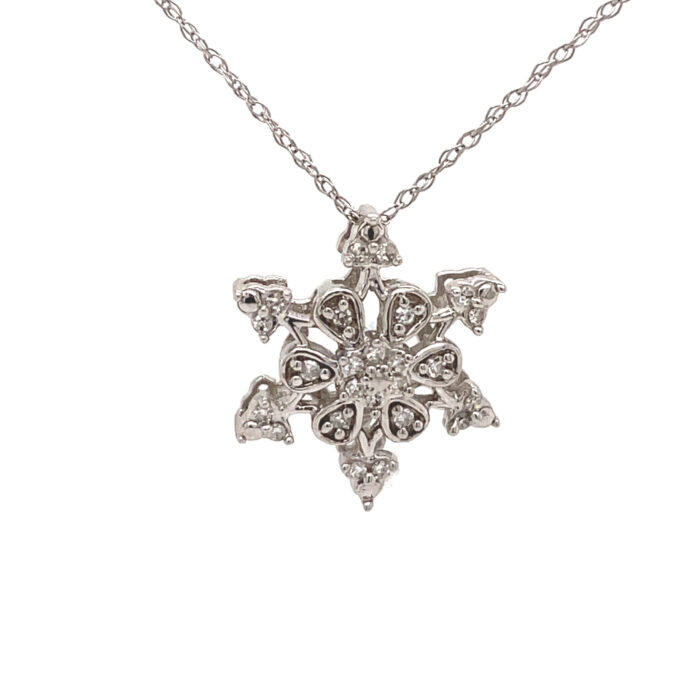 10K White Gold Pave Set Diamond Snowflake Pendant with Chain