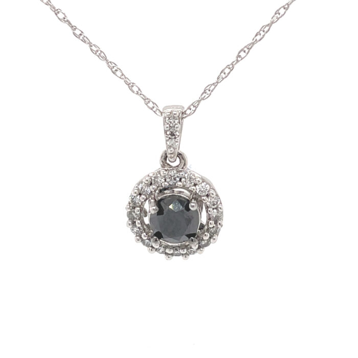 10K White Gold Black & White Diamond Solitaire Halo Pendant with Chain