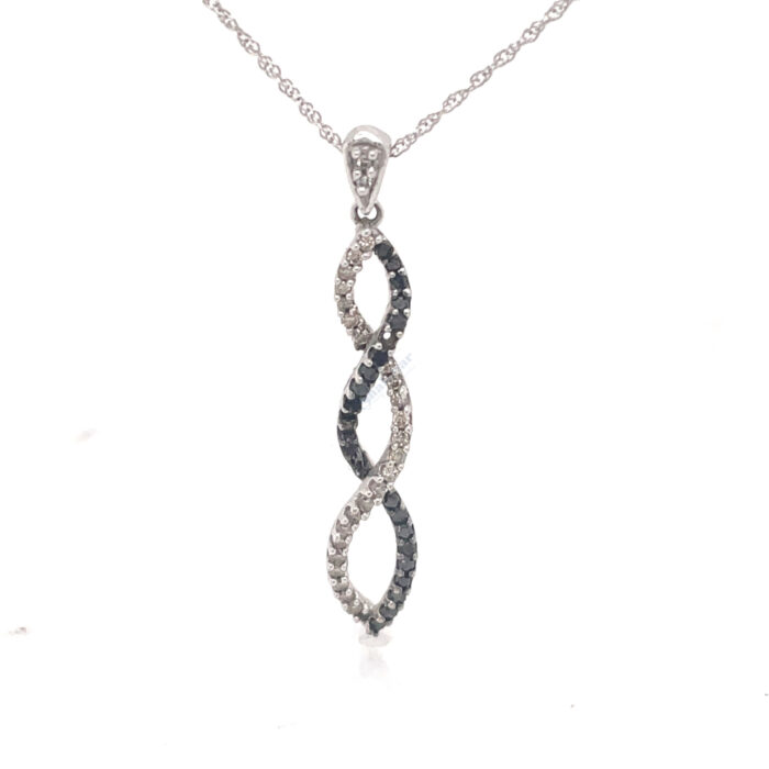 10K White Gold Black & White Diamond Twisted Ribbon Pendant with Chain
