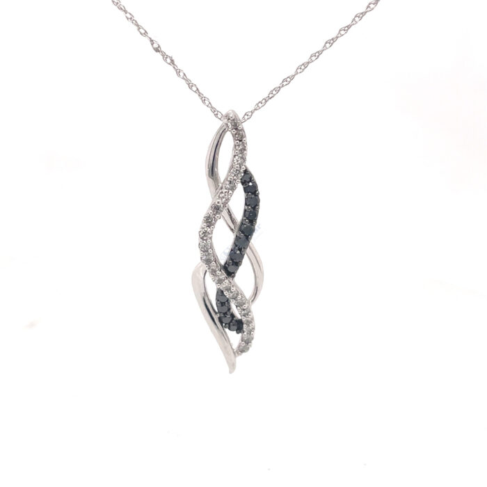 14K White Gold Black & White Diamond Twisted Ribbon Pendant with Chain