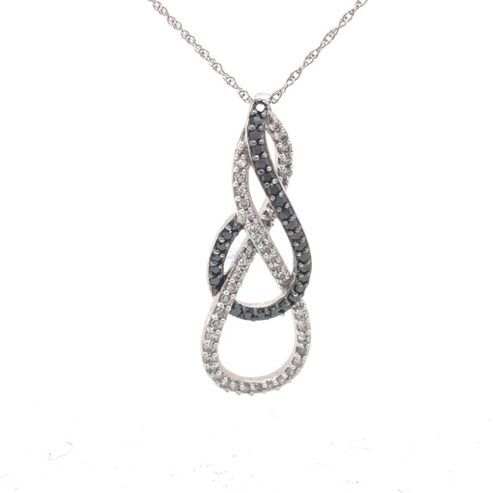 10K White Gold Black & White Diamond Double Ribbon Pendant with Chain