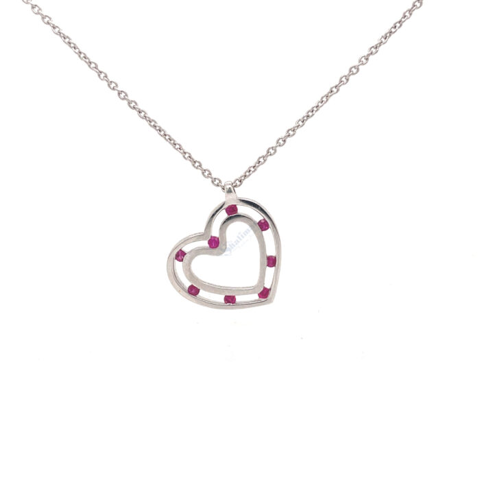 18K White Gold Ruby Heart Pendant with Chain