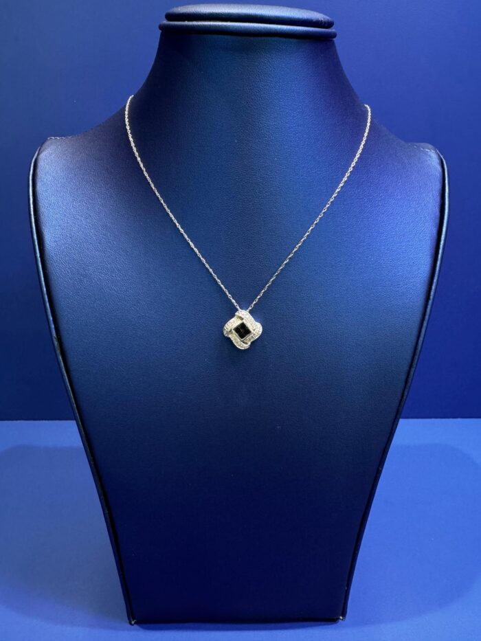 14K White Gold Black & White Diamond Halo Pendant with Chain
