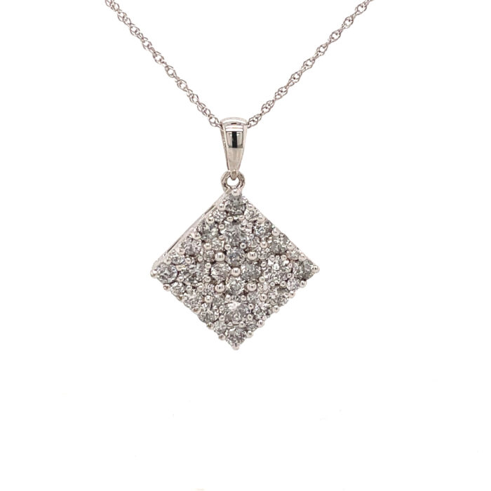 10K White Gold Diamond Prong Set Square Pendant with Chain