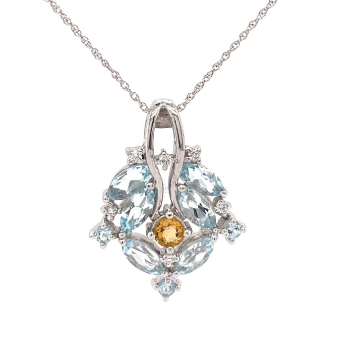 18K White Gold Aquamarine, Citrine & Diamond Pendant with Chain