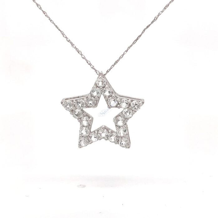 10K White Gold White Topaz Cut Out Star Pendant with Chain