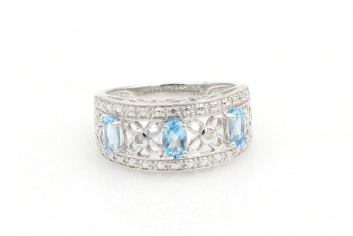 14K White Gold Blue Topaz & Diamond Ladies Ring