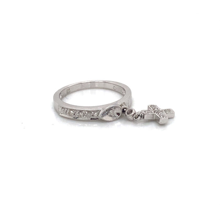 14K White Gold Diamond Dangling Cross Ring