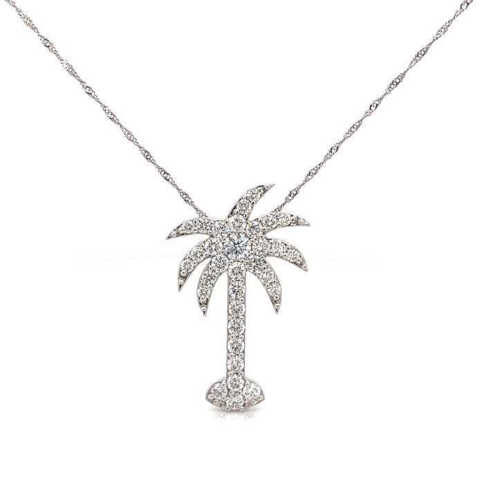14K White Gold Diamond Palm Tree Pendant with Chain