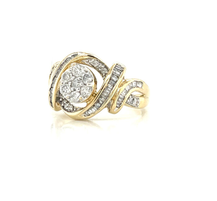 10k Yellow Gold Diamond 7 Stone Cluster Ring with Ribbon Halo - Image 2
