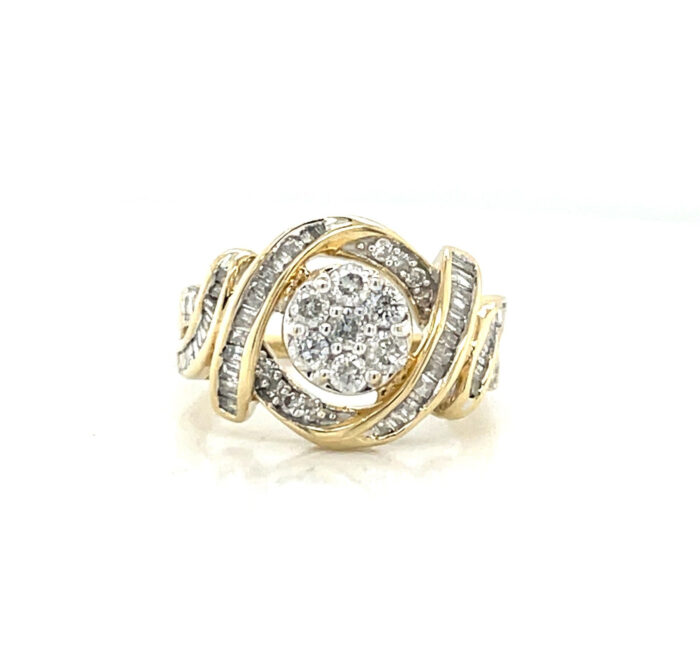 10k Yellow Gold Diamond 7 Stone Cluster Ring with Ribbon Halo